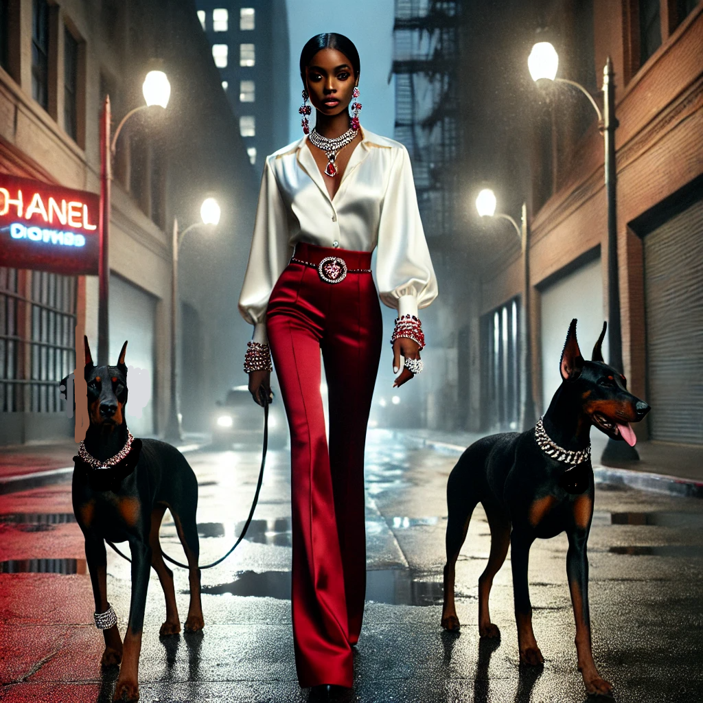 blk girl 2 dobermans pinchers ai image