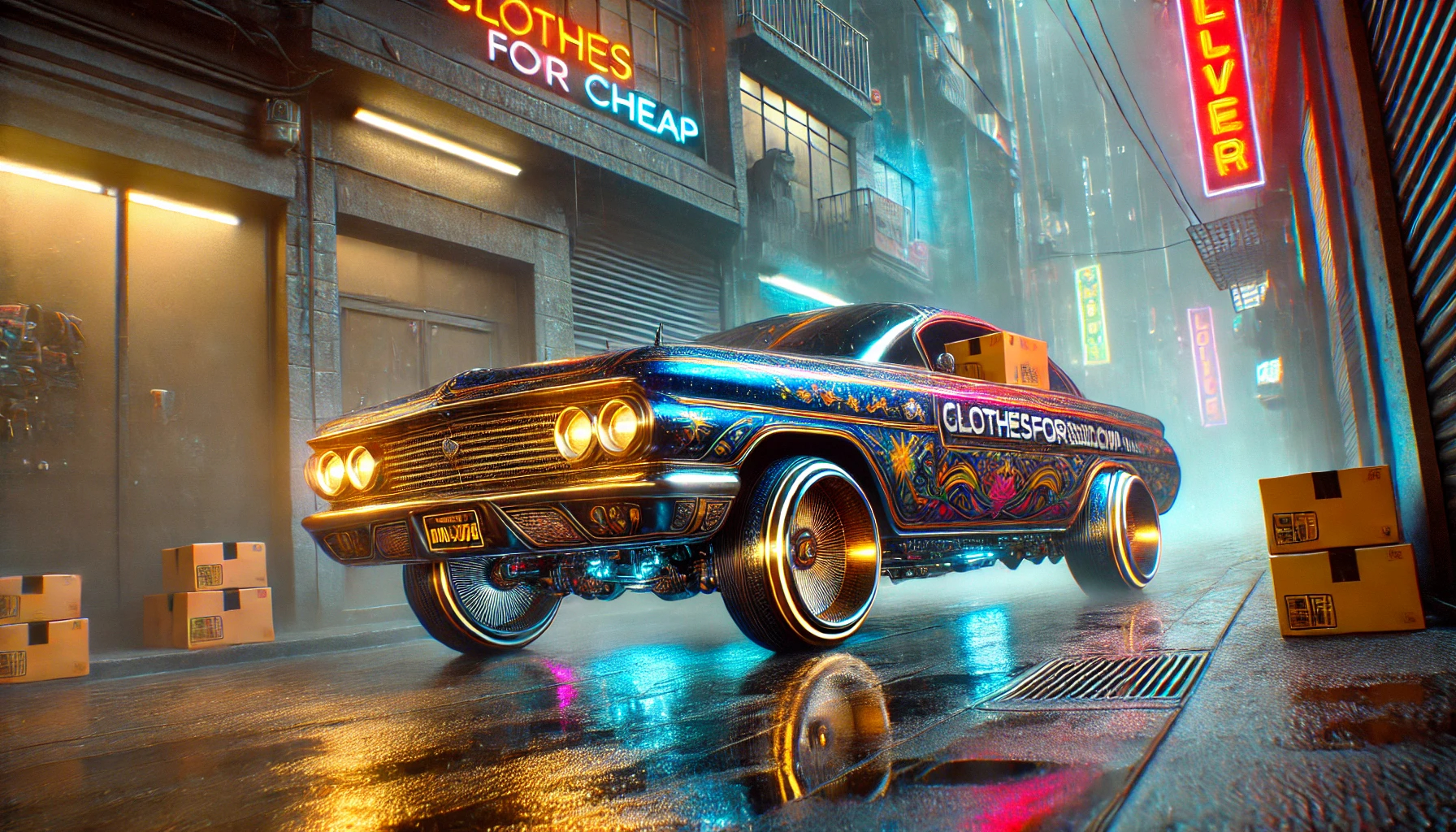 Big Wang's delivery car, lowrider w a $10k paint job, gold spoke rims, gangster white walls.